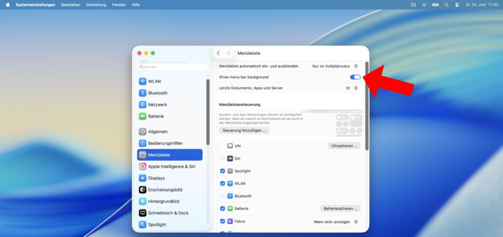 Die Option ist aktiviert und die Menüleiste zeigt den altbekannten Hintergrund.