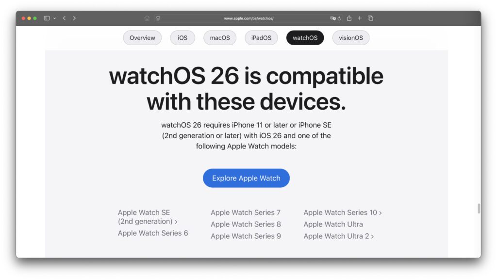 Die offizielle watchOS 26 Kompatibilitätsliste von Apple.