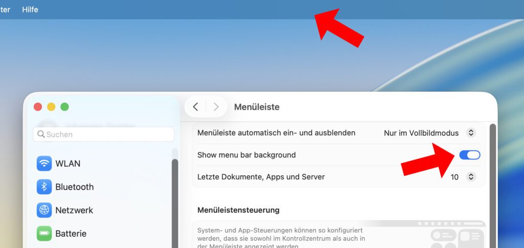 In der zweiten Developer-Beta von macOS 26 Tahoe wurde die Möglichkeit hinzugefügt, der Menüleiste wieder einen optisch klar vom Rest des Schreibtisch getrennten Hintergrund zu geben.