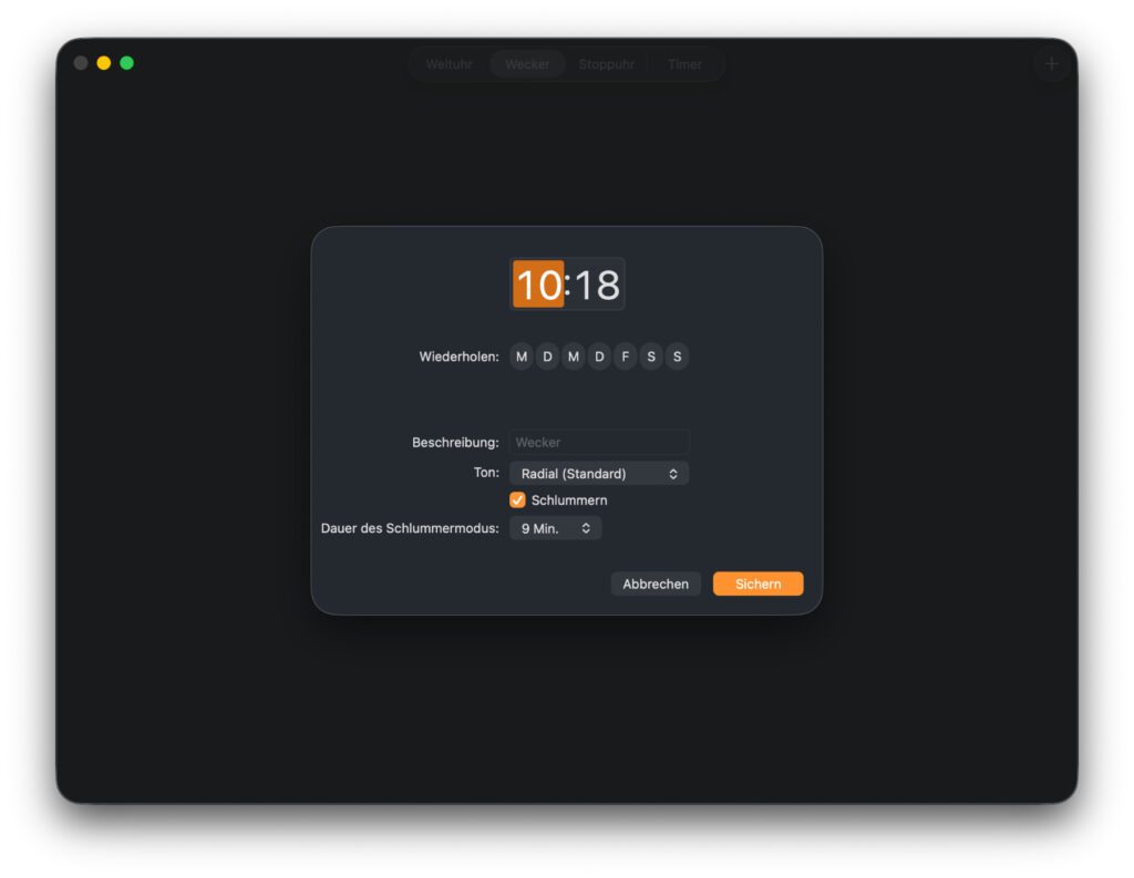 Auch unter macOS 26 kann eine individuelle Schlummer-Zeit für Wecker der Uhr App festgelegt werden.