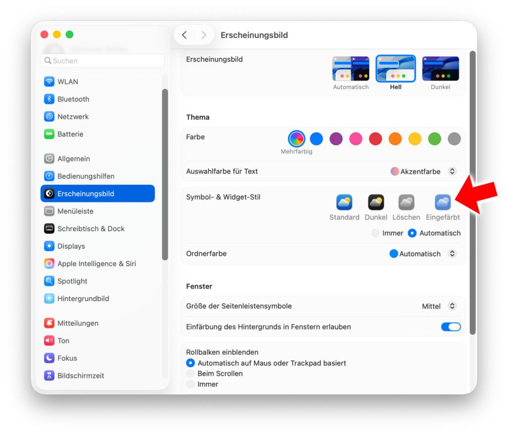 Die Erscheinungsbild-Einstellungen unter macOS 26 Tahoe.