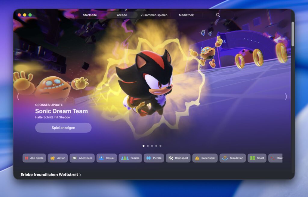 Die Apple Games App unter macOS (gezeigt wird der Arcade Tab).