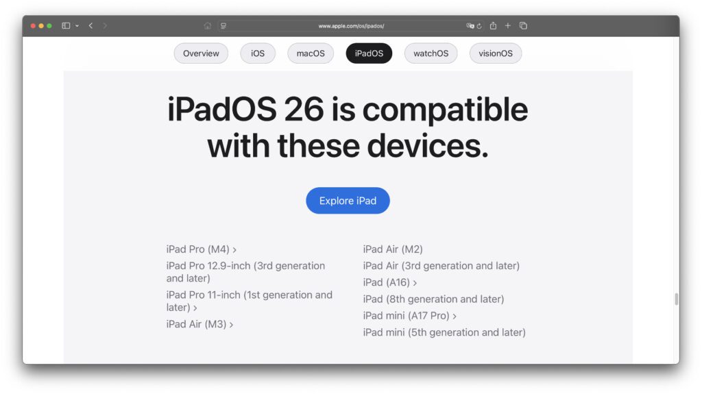 Die offizielle iPadOS 26 Kompatibilitätsliste von Apple.