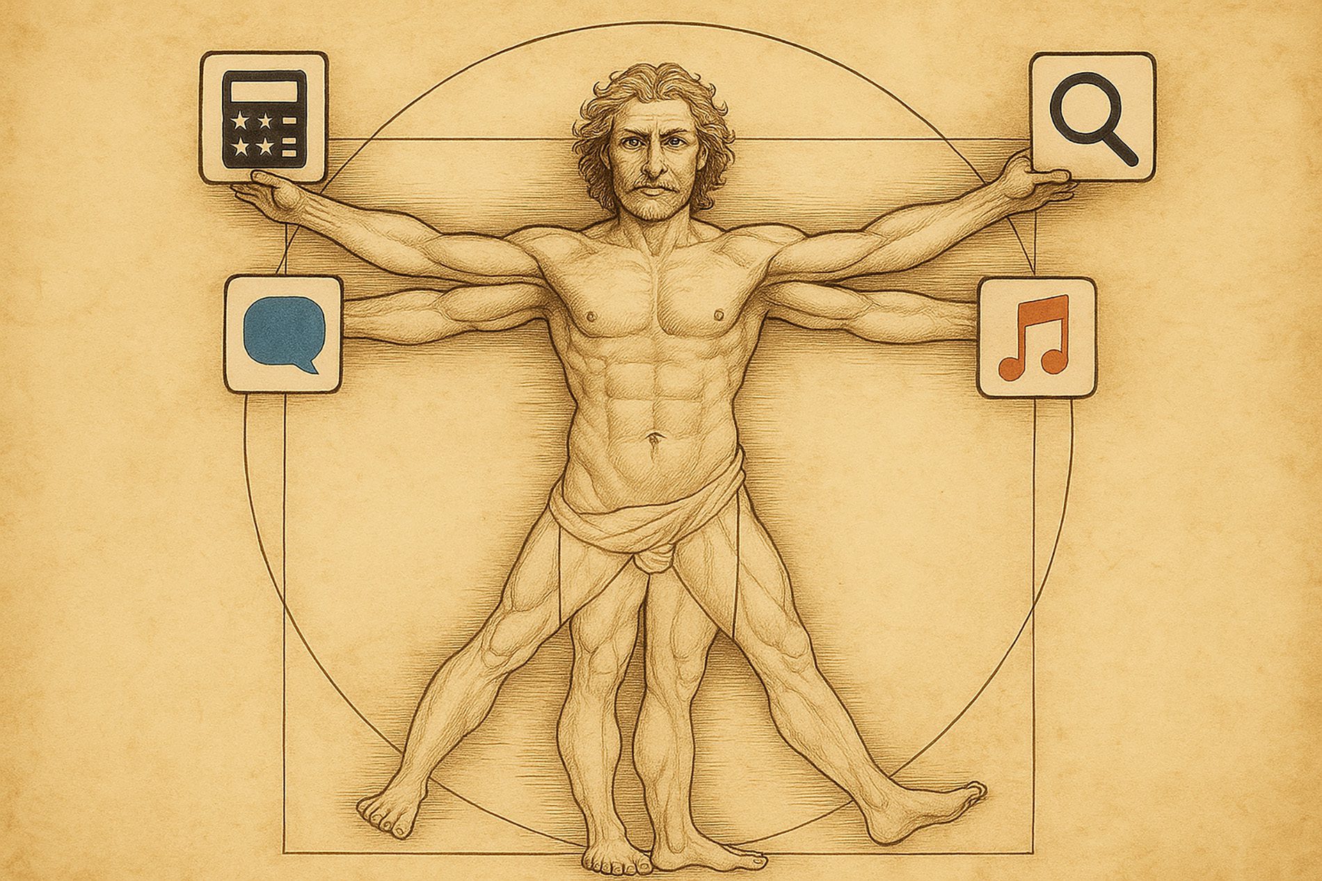 Leonardo DaVinci mit App Icons in der Hand