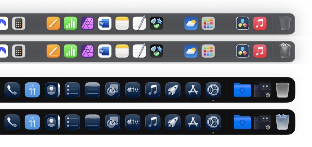 Oben rechts: Der leere und der volle Papierkorb in macOS Sequoia. Unten rechts: Der leere und der volle Papierkorb in macOS Tahoe.