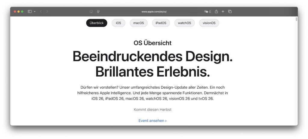 Die Vorschau-Webseite für iOS 26, iPadOS 26, macOS 26 Tahoe, watchOS 26, visionOS 26 und tvOS 26 gibt es nun auch auf Deutsch.