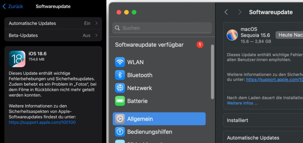 Apple veröffentlicht iOS 18.6, iPadOS 18.6, macOS 15.6, watchOS 11.6 und weitere Updates für seine aktuellen Betriebssysteme. Installation empfohlen!