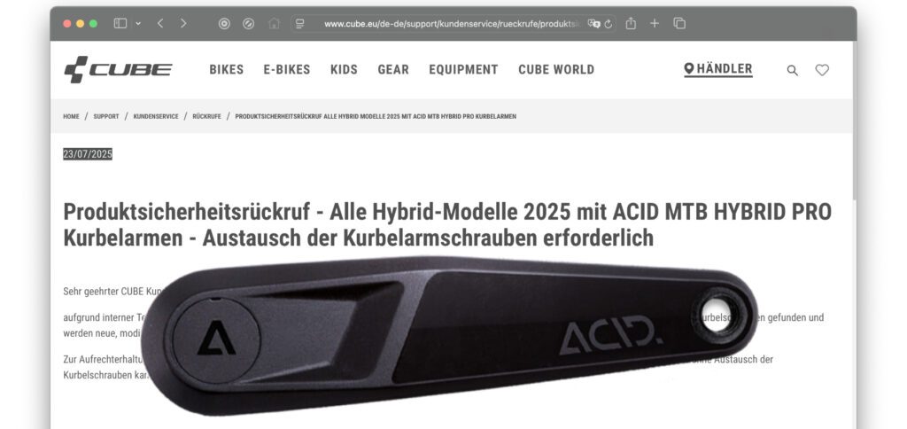 Alles zum CUBE Rückruf von Kurbelarm-Schrauben an Hybrid-Bikes des Baujahrs 2025 inkl. der Liste betroffener Fahrrad-Modelle gibt es hier. (Quelle der Kurbelarm-Grafik: cube.eu)