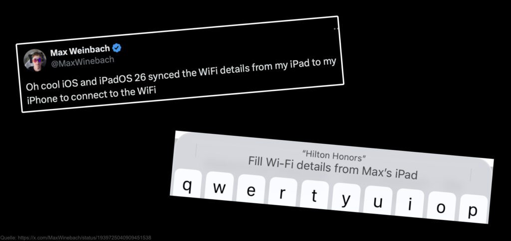 Für die Anmeldung in einem WLAN-Netz per Formular können die Daten zwischen iPhone und iPad automatisch synchronisiert werden. Das Feature wird mit iOS 26 und iPadOS 26 verfügbar gemacht.