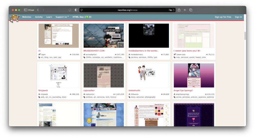 Seiten-Kreationen entdecken bei Neocities.