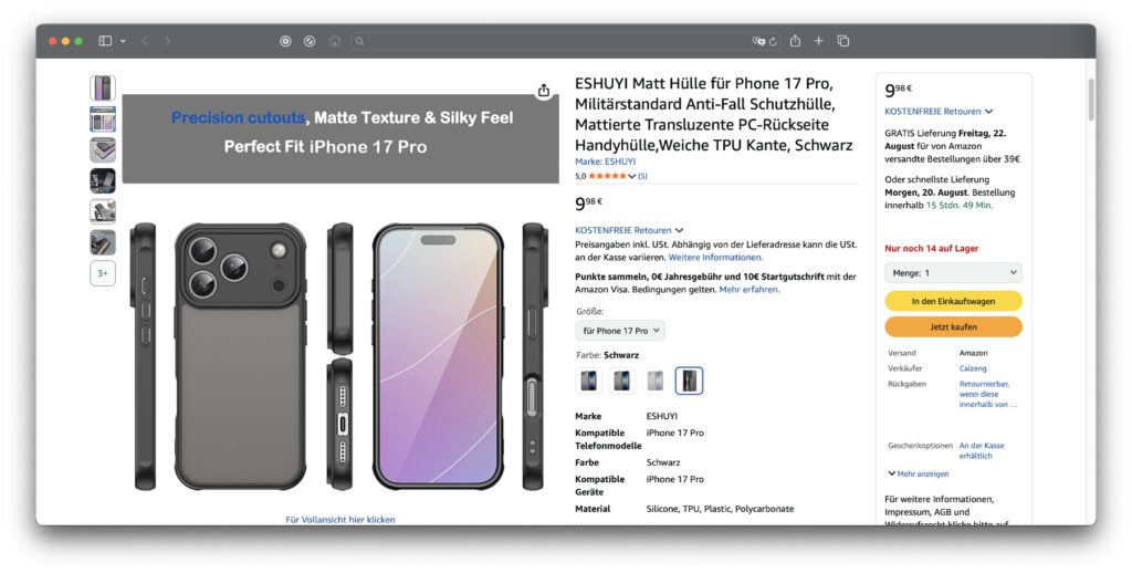 Bei Amazon kann man bereits Schutzfolien, Cases und Hüllen für das iPhone 17, das iPhone 17 Air und die iPhone 17 Pro-Modelle kaufen.