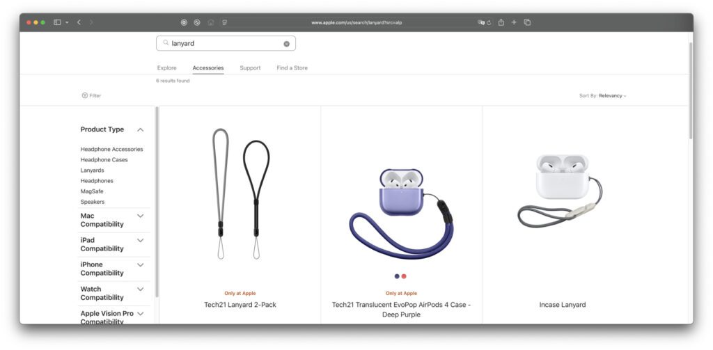 Die einzigen Lanyards, die Apple aktuell verkauft, sind für AirPods-Cases gedacht. Zukünftig könnten welche fürs iPhone hinzukommen.