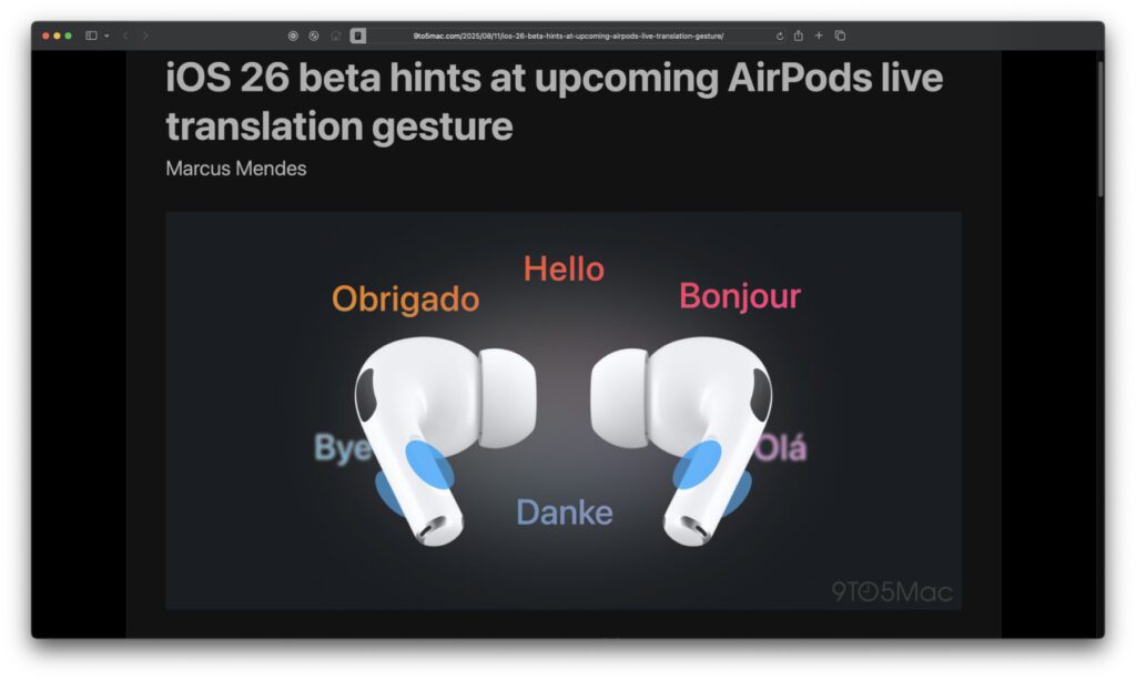 In der sechsten Developer-Beta von iOS 26 ist ein Hinweis auf die Live-Übersetzung von Unterhaltungen per AirPods und iPhone aufgetaucht. Die Grafik zur entsprechenden AirPods-Geste wurde von 9to5Mac gefunden.