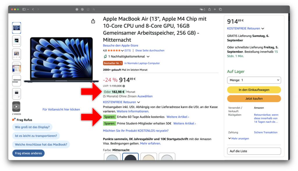 Nicht nur eine Menge Rabatt, sondern auch Ratenzahlung ohne Zinsen und gratis Audible als Geschenk gibt es beim MacBook-Kauf.