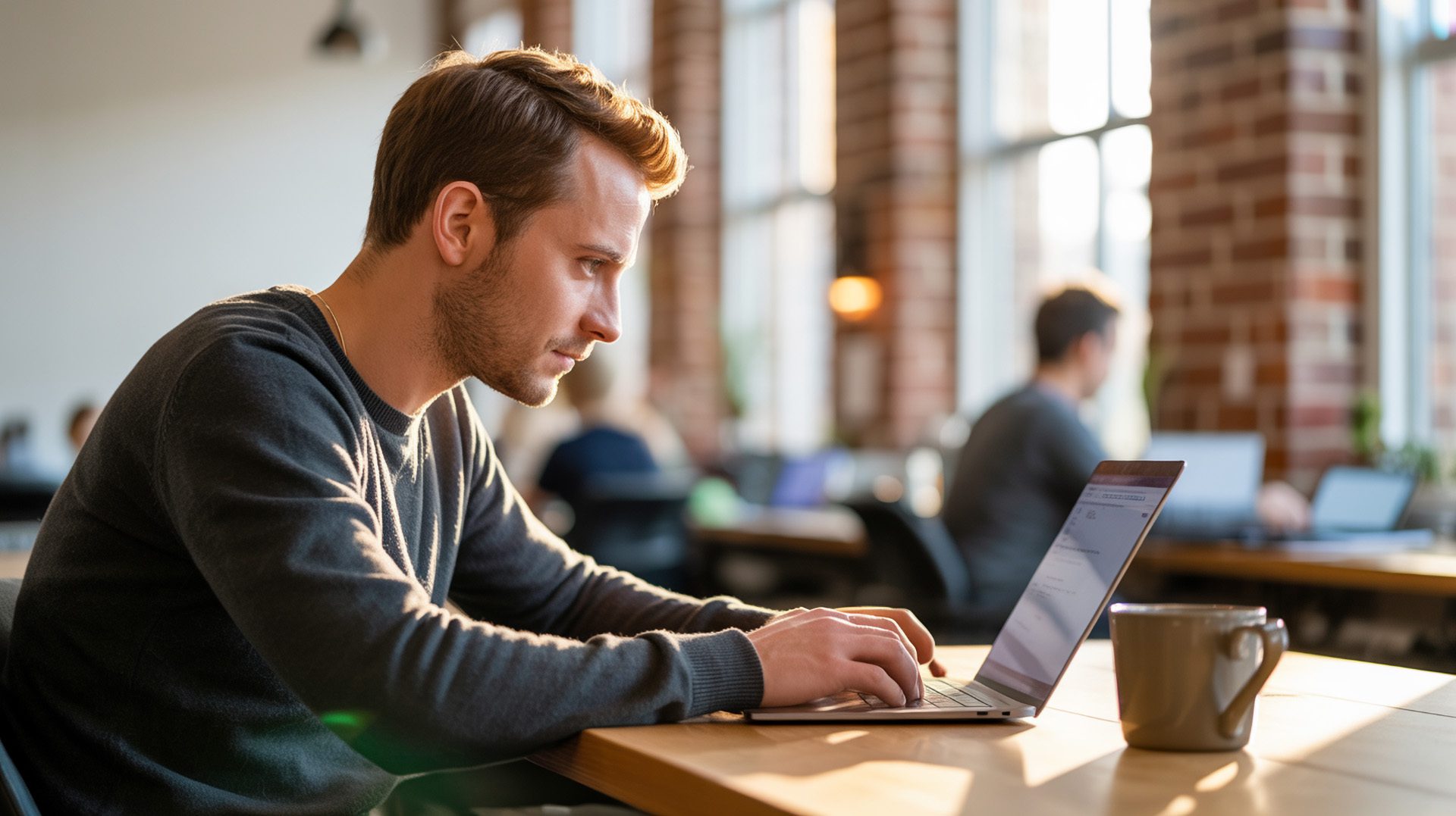 Blogger sitzt in einem Co-Workingspace an einem Laptop