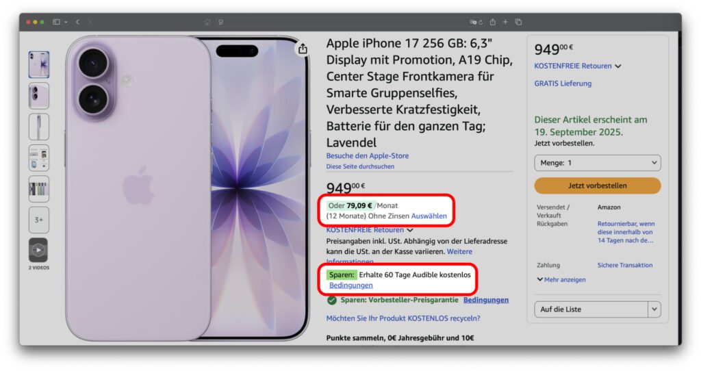 Das Apple iPhone 17 finanzieren: Der Ratenkauf ohne Zinsen und Schufa wird bei Amazon mit 60Tagen gratis Audible aufgewertet.