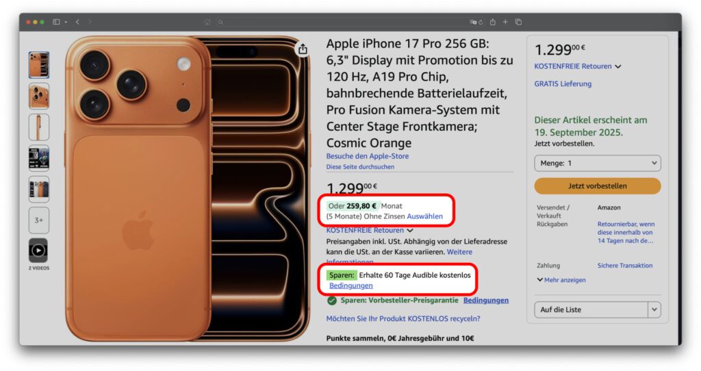 Das Apple iPhone 17 Pro finanzieren: Der Ratenkauf ohne Zinsen und Schufa wird bei Amazon mit 60 Tagen gratis Audible aufgewertet.