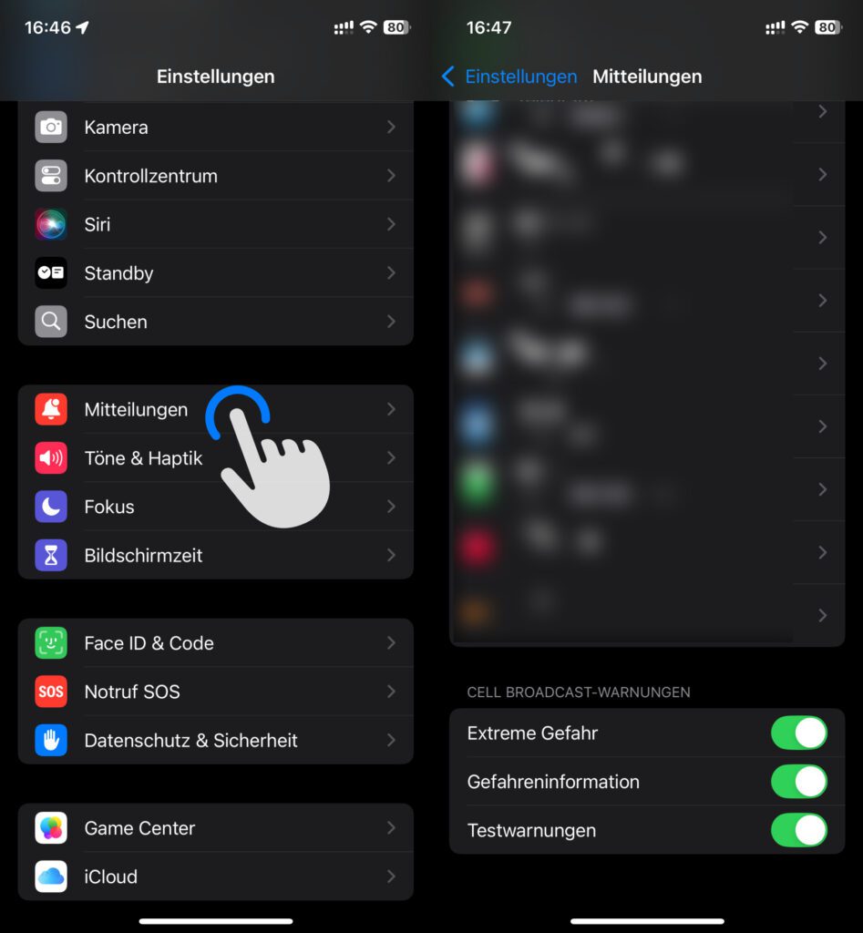 Cell Broadcast am iPhone aktivieren: Einstellungen -> Mitteilungen -> Schalter antippen.