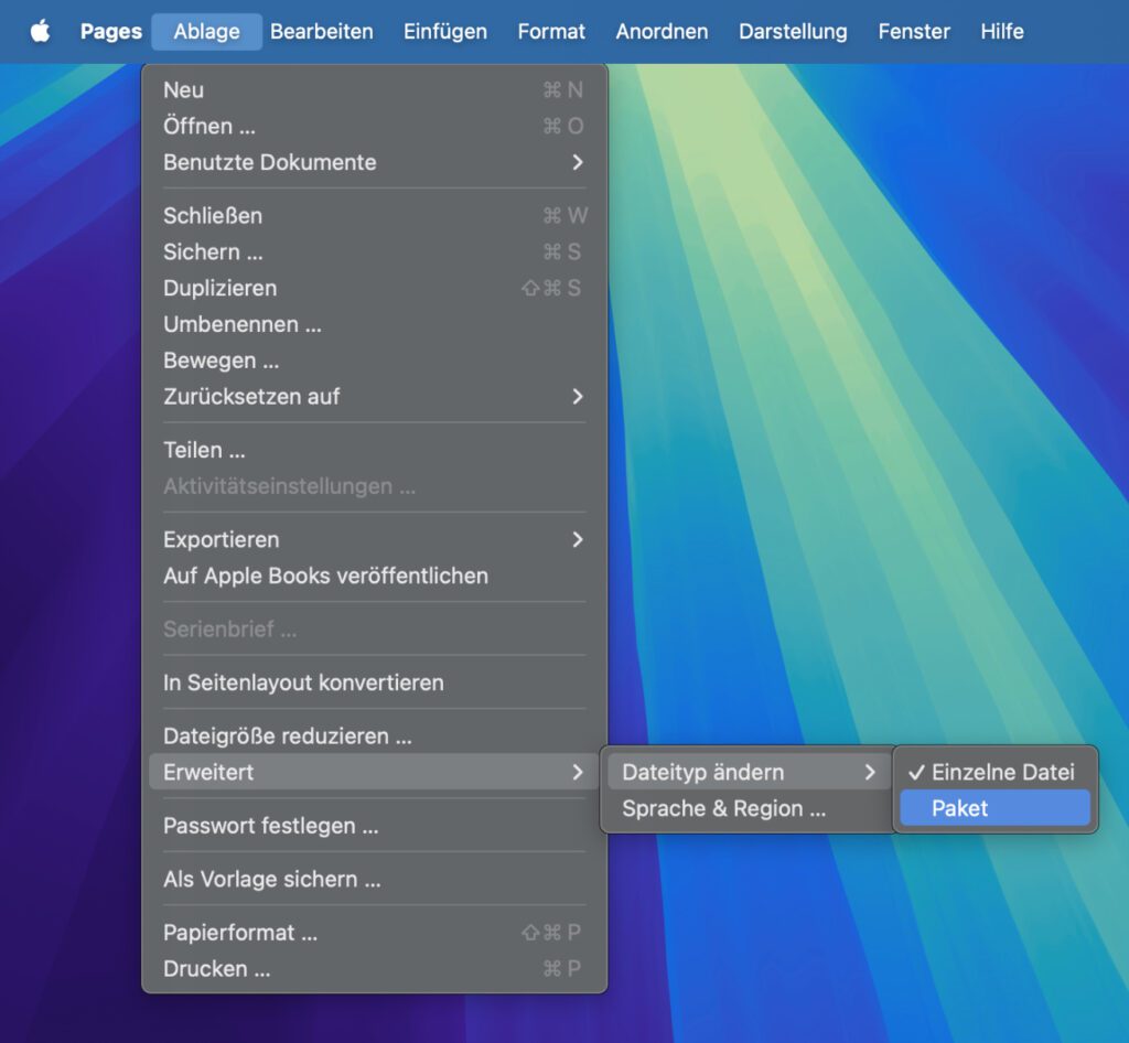 Um am Apple Mac eine iWork-Datei als Paket zu speichern, wird erst einmal der Dateityp geändert und die Datei dann gespeichert.