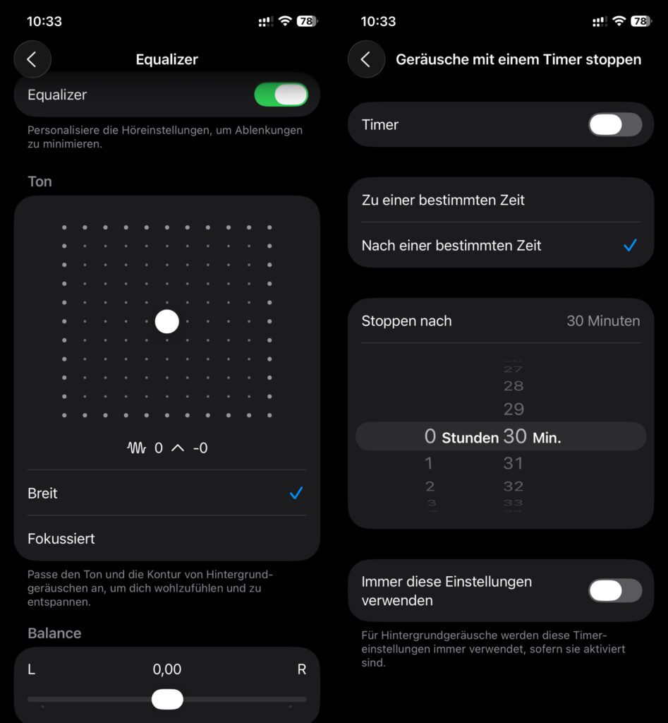 Links: Die Equalizer-Einstellungen für die iPhone Hintergrundgeräusche inkl. Balance-Regler. Rechts: Timer-Optionen für den Wiedergabe-Stopp.