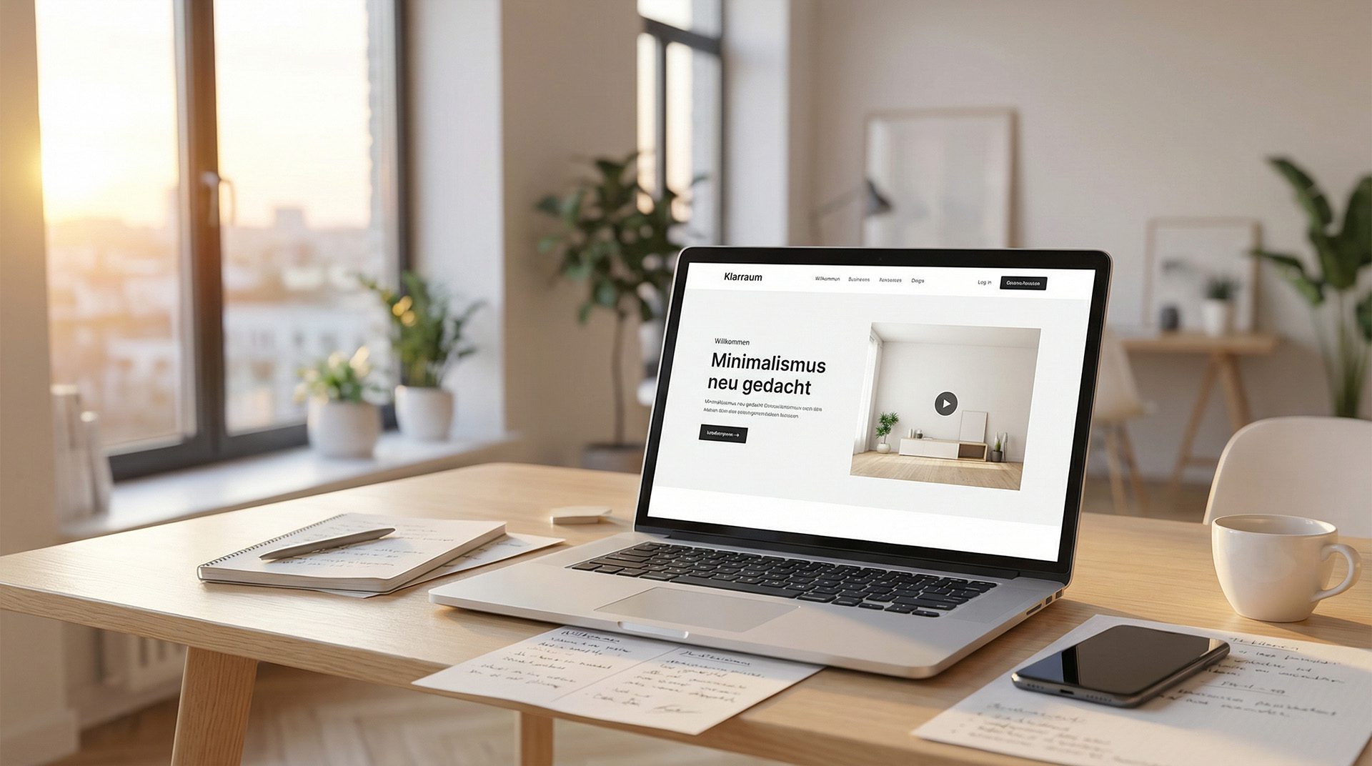 Laptop mit Landingpage-Entwurf auf hellem Schreibtisch mit Notizen und Kaffeetasse