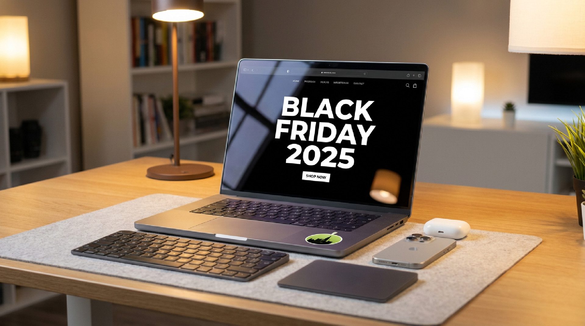 MacBook auf Schreibtisch eines Apple Fans mit geöffneter Webseite und großem Black Friday 2025 Logo auf dem Display