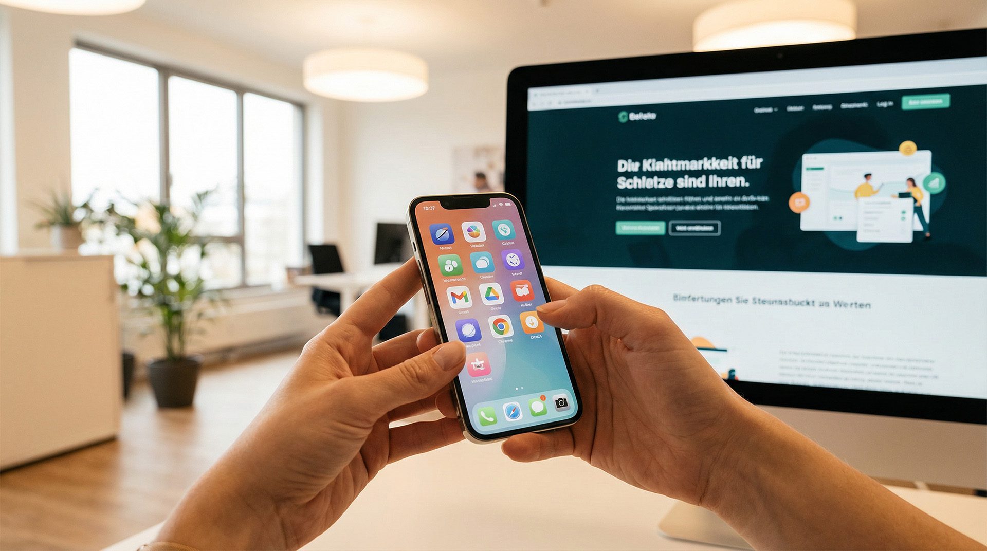 Smartphone mit App-Icons vor verschwommenem Monitor mit Website