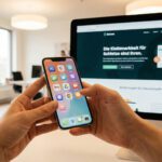 Notizbuch mit Landingpage-Skizzen, Markern und Tablet von oben fotografiert