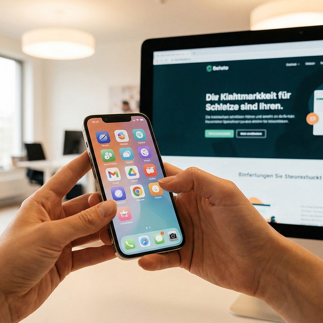 Notizbuch mit Landingpage-Skizzen, Markern und Tablet von oben fotografiert