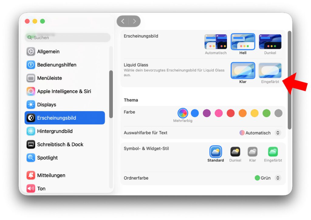 Liquid Glass einfärben am Mac – im Hell-Modus.