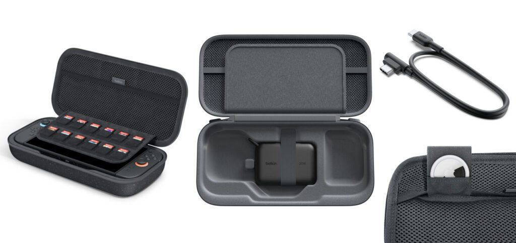 Die Belkin-Tasche bietet Platz für die Nintendo Switch 2, eine Powerbank, Kabel, 12 Spiele, einen AirTag und mehr. (Bilder: belkin.com)