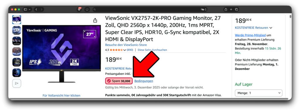 Um den Black Friday 2025 herum gibt es einen Coupon für den Gaming-Monitor von ViewSonic. Einfach aktivieren und das 27 Zoll Display für nur 159€ shoppen.