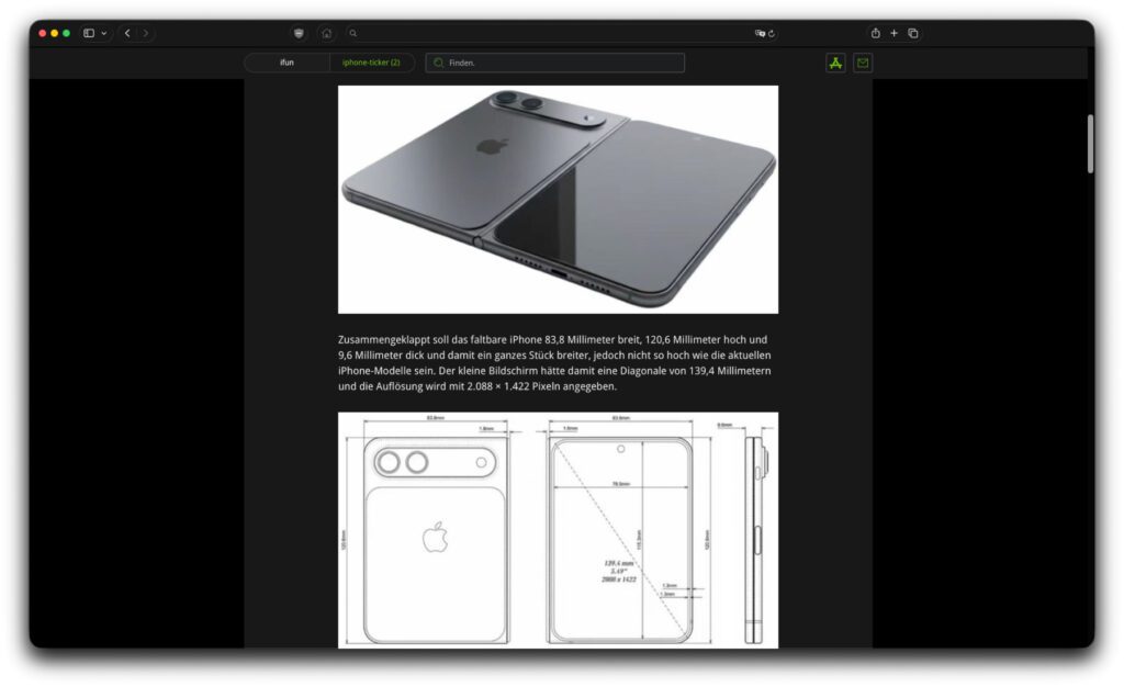 Screenshot aus dem iPhone-Ticker-Artikel. Laut dem angeblichen Leak von CAD-Zeichnungen soll Apples erstes Falt-iPhone gestaucht aussehen, um im Inneren ein Display mit Tabletmaßen zu ermöglichen.