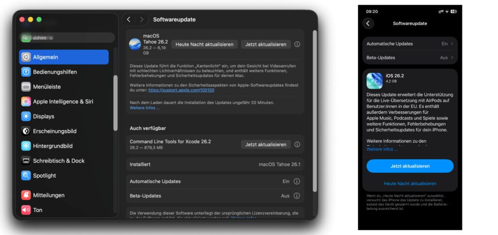 Apple veröffentlicht das 26.2 Update für Mac, iPhone, iPad und Co. Doch nicht nur für ein paar neue Features sollte man sie installieren. Es werden auch viele Sicherheitslücken geschlossen. Deshalb gibt's zusätzlich Updates für ältere Systeme.