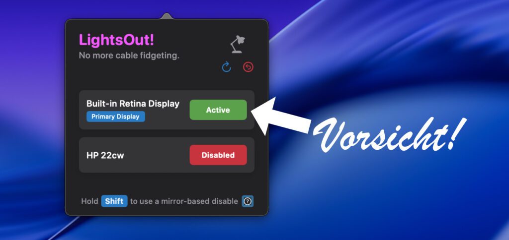 Ist nur noch ein letzter Bildschirm aktiv, sollte man dessen Button nicht anklicken. Sonst sind schließlich alle Displays schwarz und der Mac lässt sich nicht mehr nutzen.