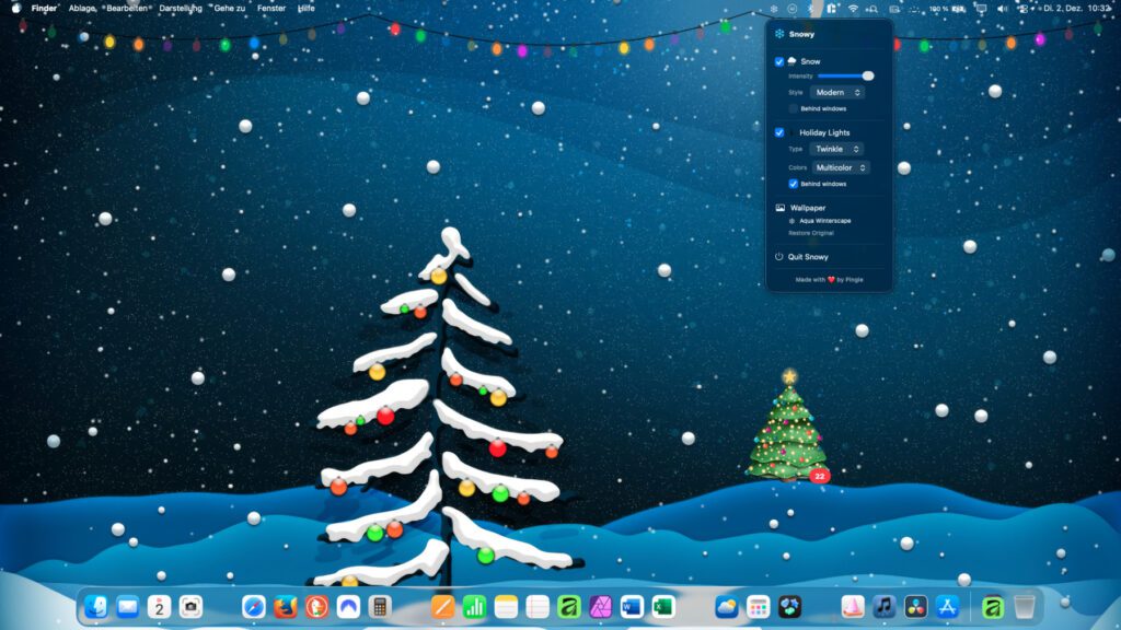 Snowy in Zusammenspiel mit Christmas Tree: Wer kostenlos das Mac-Display weihnachtlich gestalten will, hat immer mehr App-Auswahl.