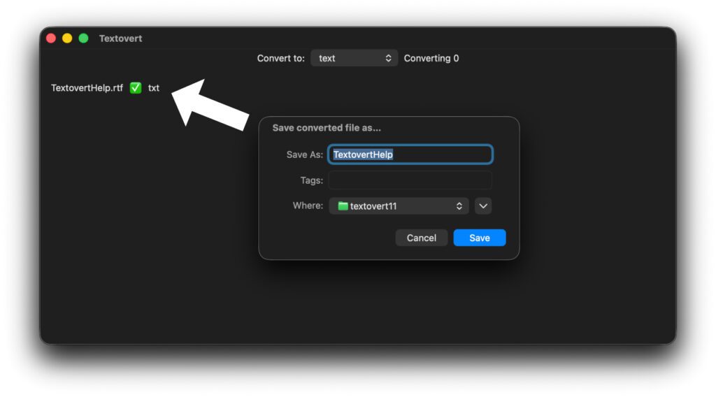 Die konvertierten Textdateien erscheinen in einer Liste. Ein Emoji zeigt dabei den Erfolg (oder einen Fehler) an.
