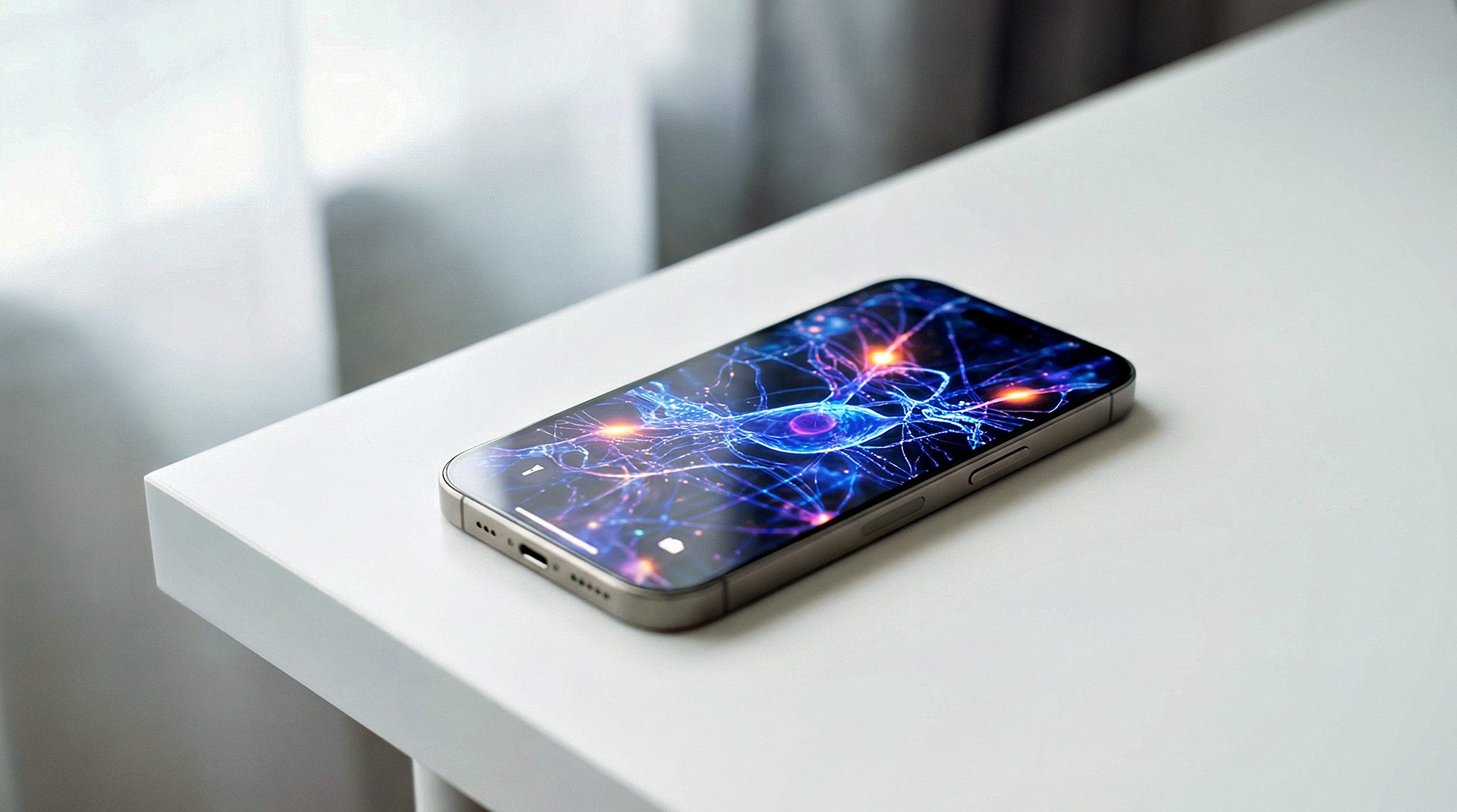 iPhone mit Apple Intelligence: Auf dem Display sind bunte KI-Visualisierungen mit Netzwerk-Mustern zu sehen