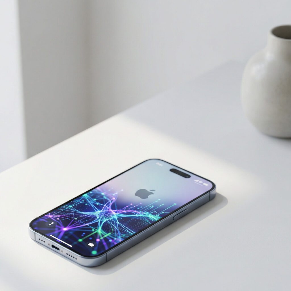 iPhone mit KI Grafik auf einem Tisch