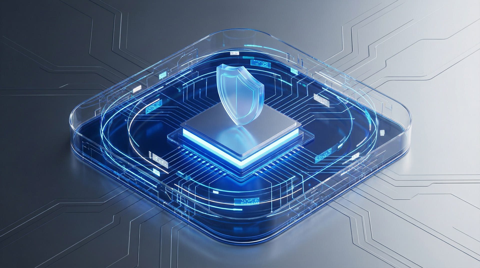 Illustration eines Smartphone-Chips mit Schutzschild-Symbol – Datenströme bleiben innerhalb des Geräts