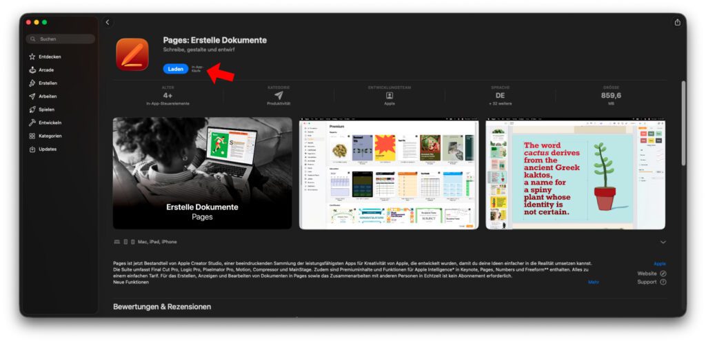 Das neue Pages 15 im Mac App Store – jetzt mit In-App-Käufen.