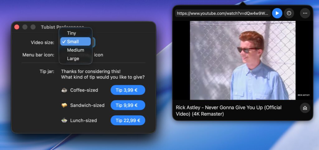 Nebenbei YouTube-Audio hören wird mit dieser Software leicht gemacht. Durch Anklicken des Menüleisten-Icons sieht man zudem das Video.