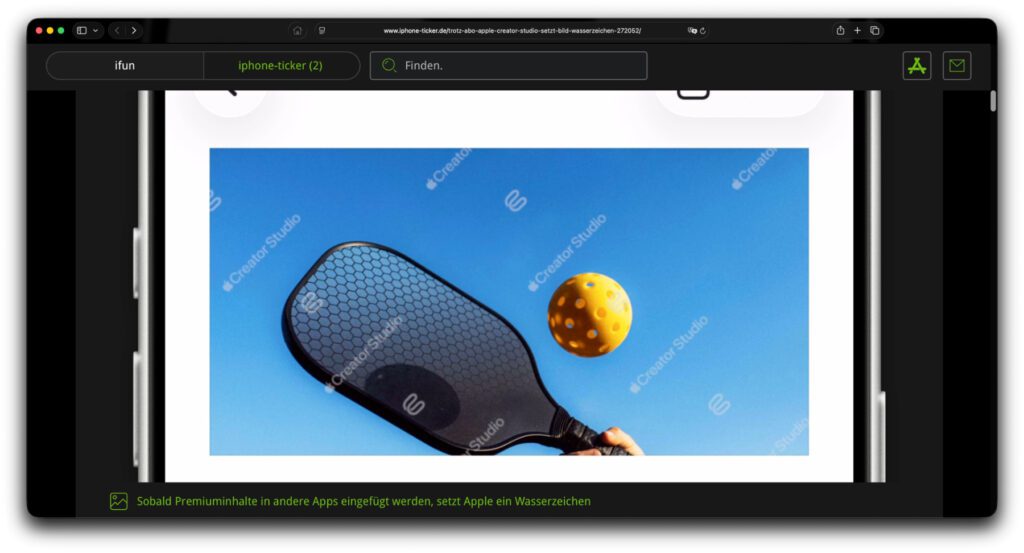 Ein Screenshot aus dem Bericht vom iPhone-Ticker. Hier sieht man die Wasserzeichen eines Stock-Fotos, das aus einer iWork App in eine andere App kopiert wurde.