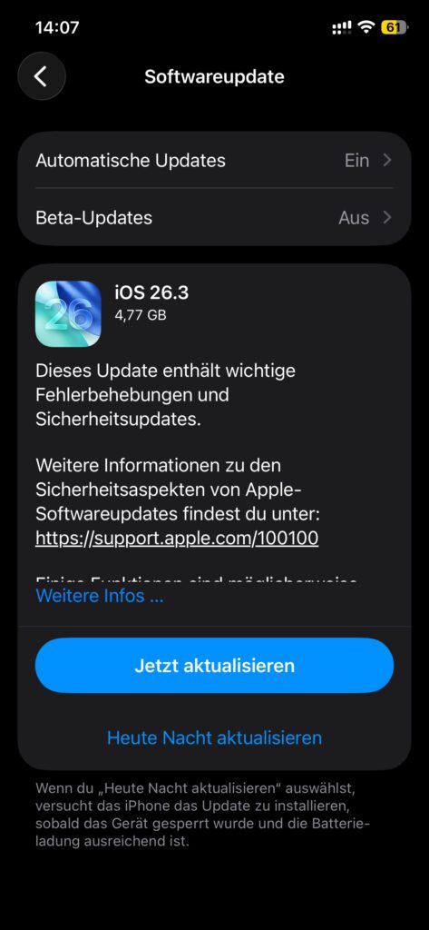 Einstellungen -> Allgemein -> Softwareupdate