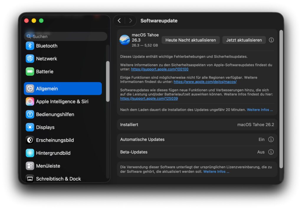 Systemeinstellungen -> Allgemein -> Softwareupdate